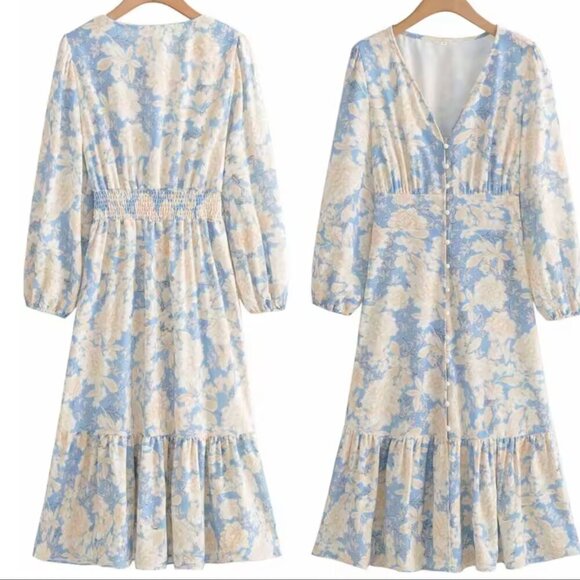Like NEW Aly Daly blue and cream spring Floral Midi Dress, Large - Picture 10 of 14